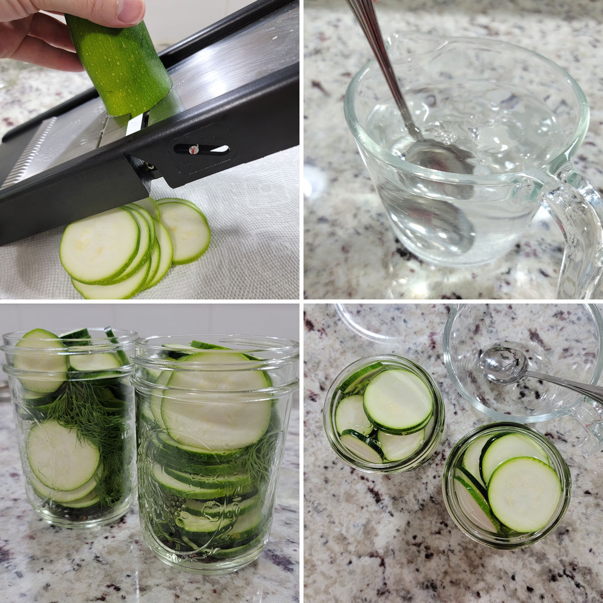 Slicing zucchini and placing into glass jars.