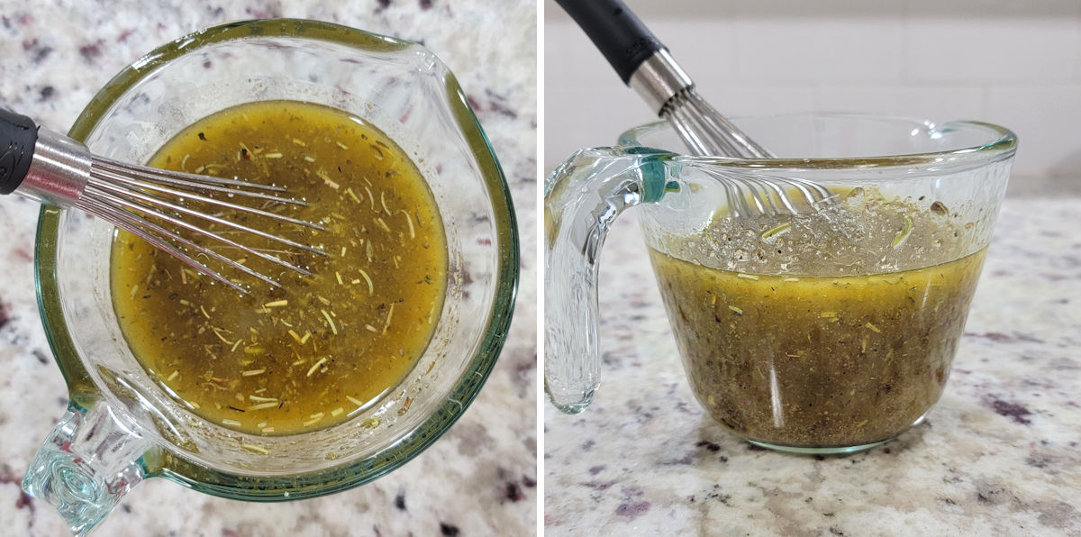 Whisking a vinaigrette in a glass measuring cup.