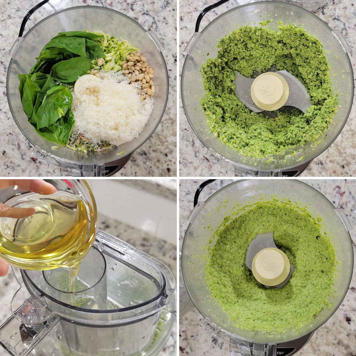 Making zucchini pesto in a food processor.