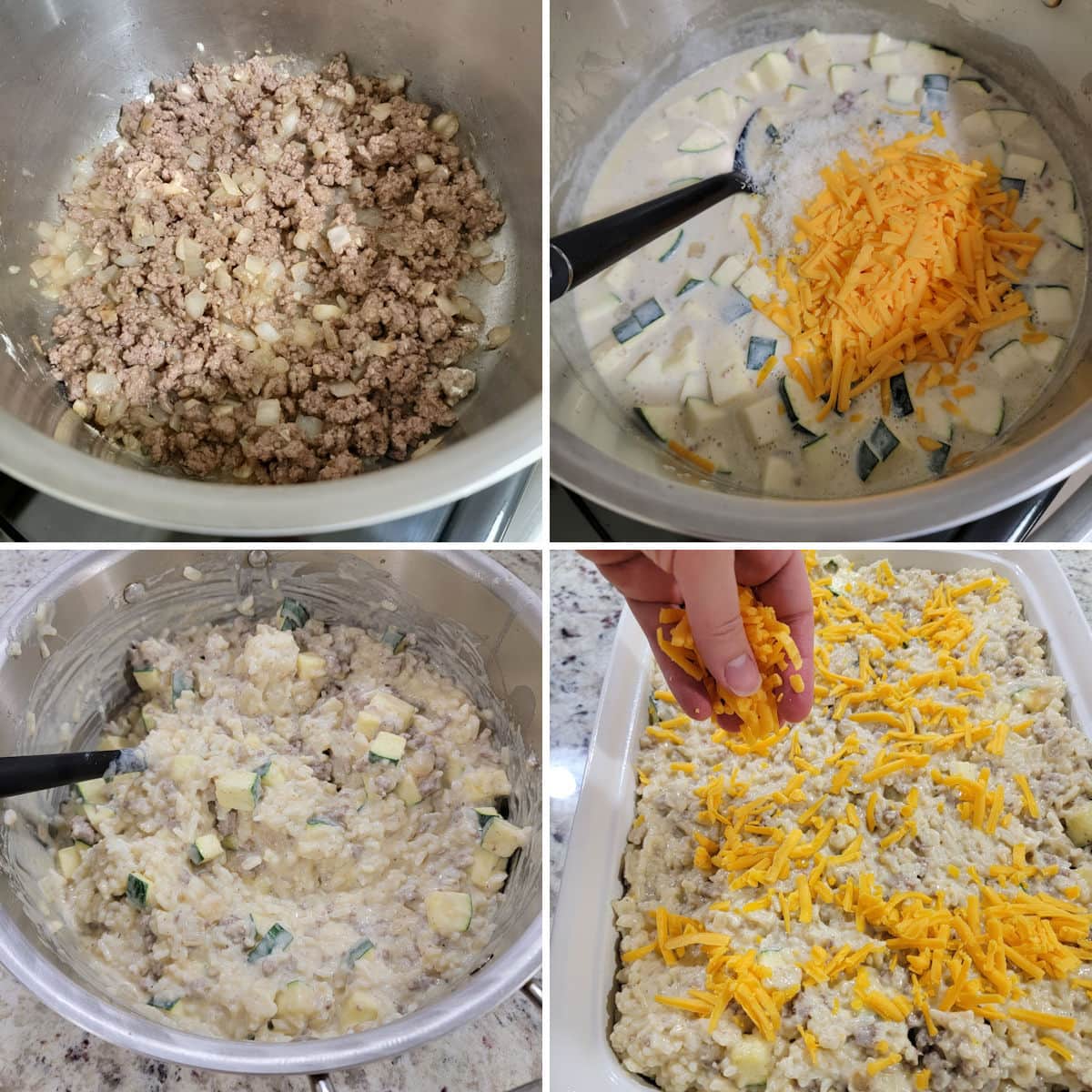 Making beef zucchini casserole in a stock pot and finishing in a casserole dish.