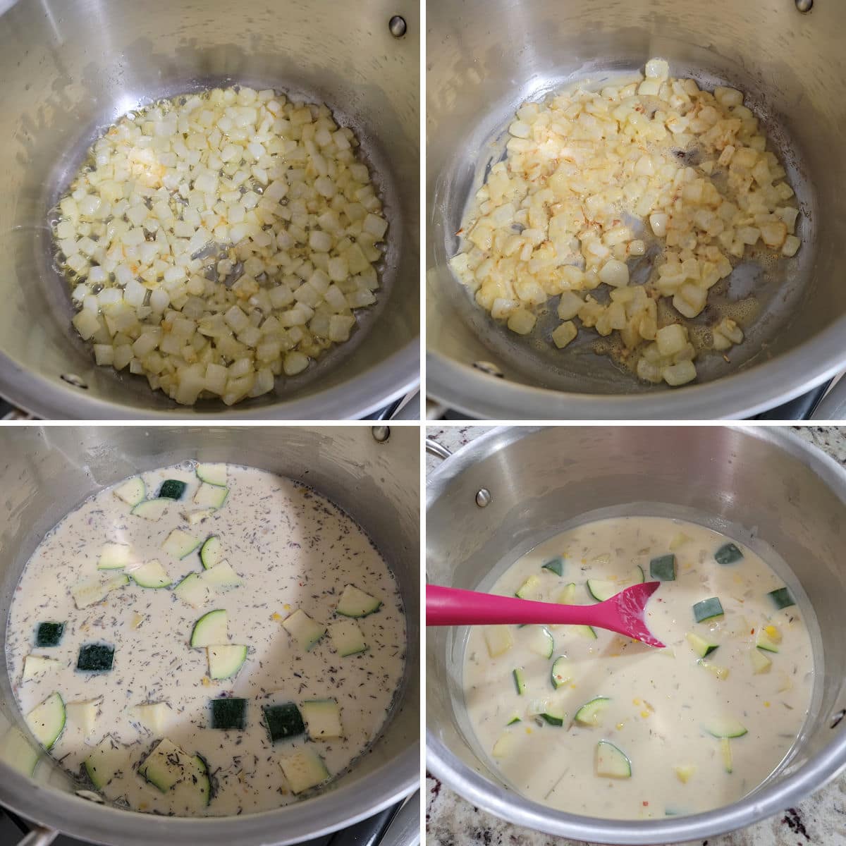 Making zucchini corn chowder in a stock pot.