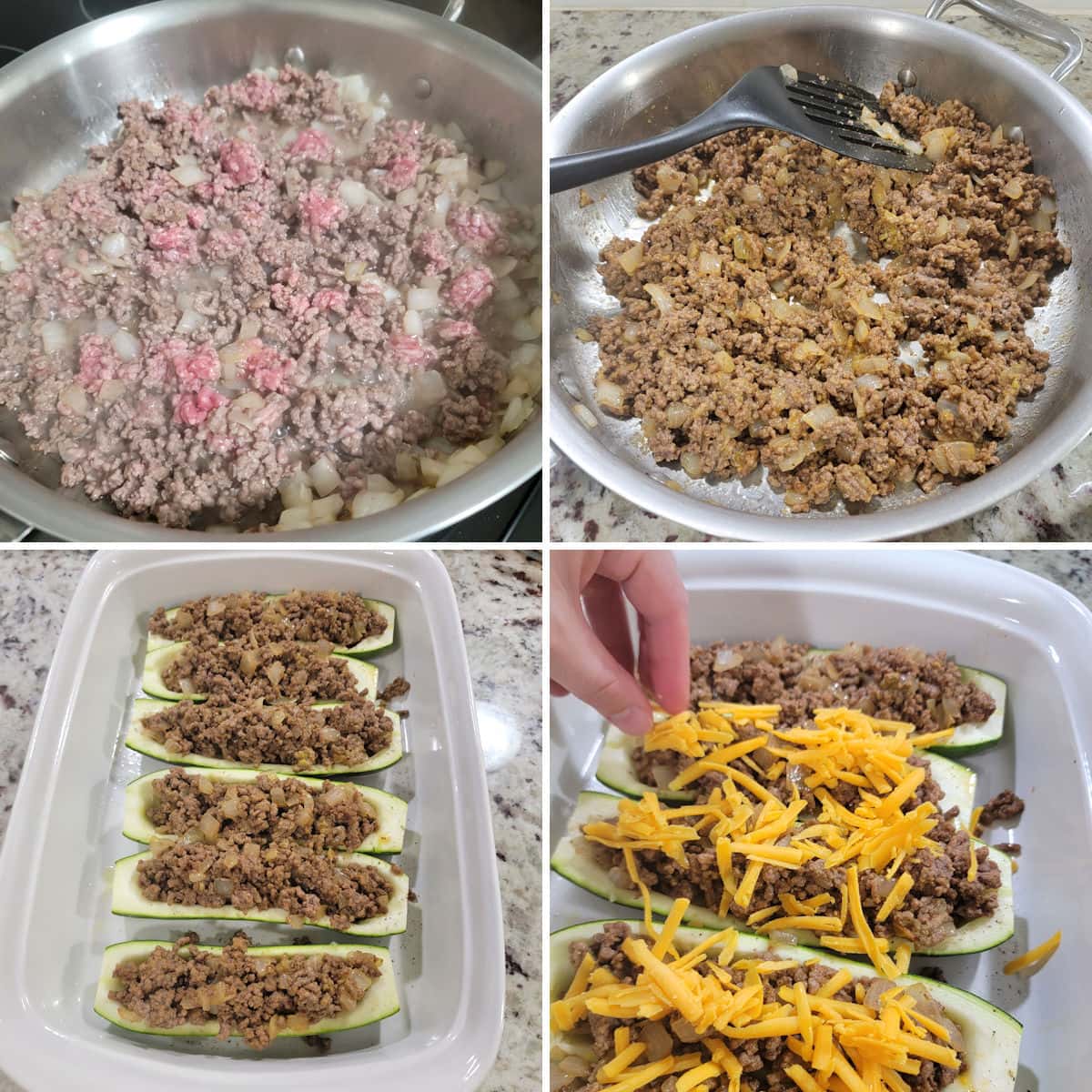 Making cheeseburger zucchini boats.