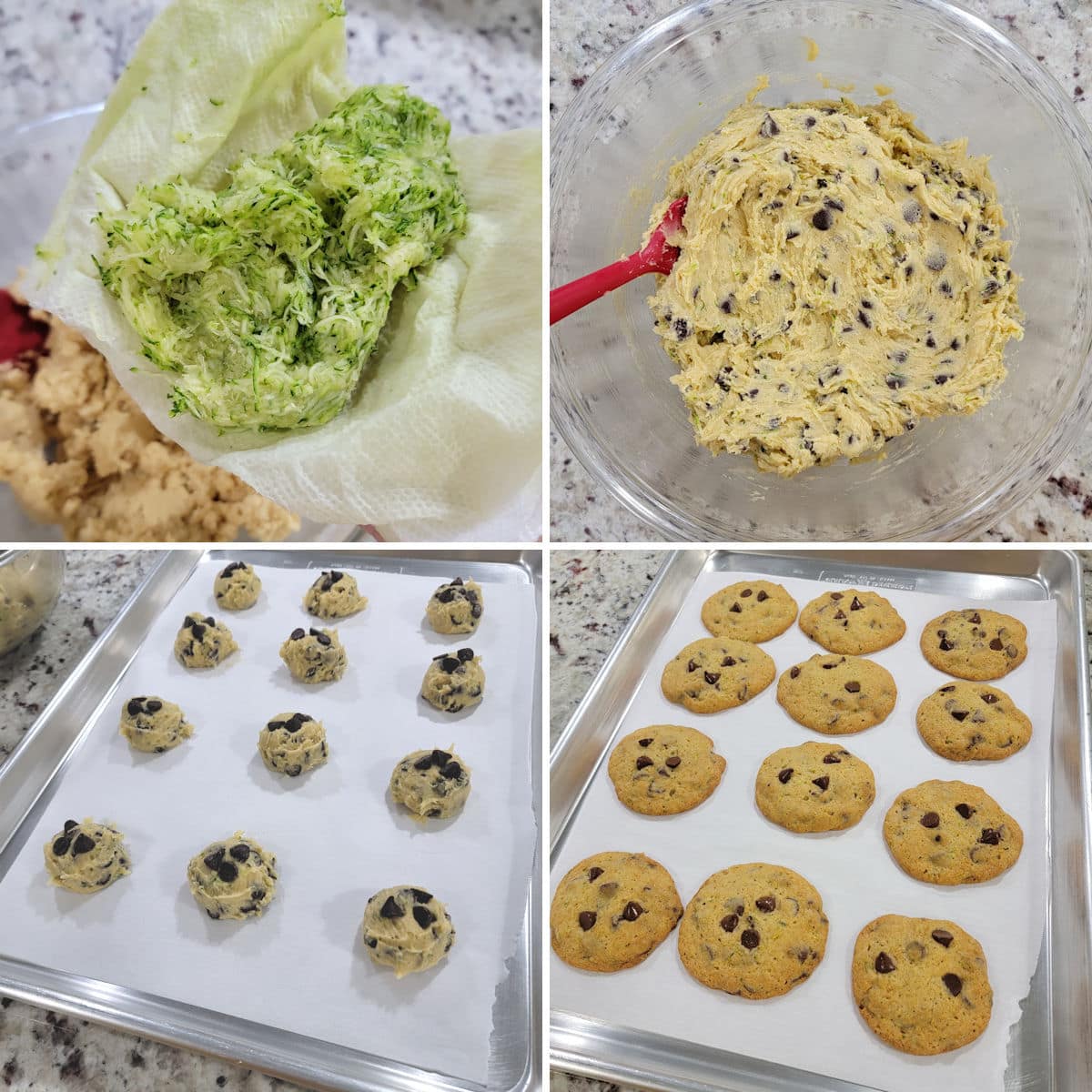 Mixing zucchini chocolate chip cookie dough and baking on a sheet pan.