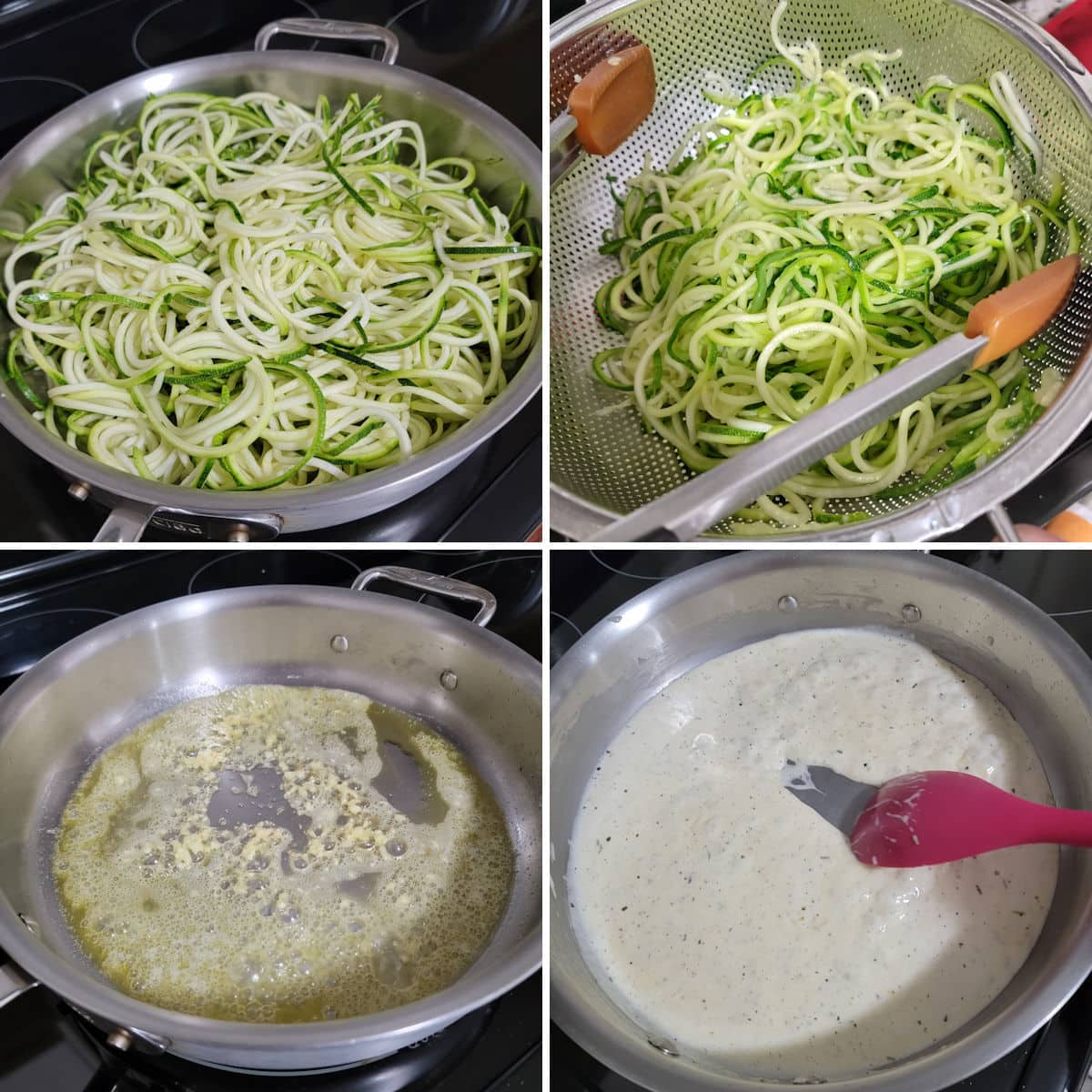 Making zucchini noodle alfredo in a sauté pan.
