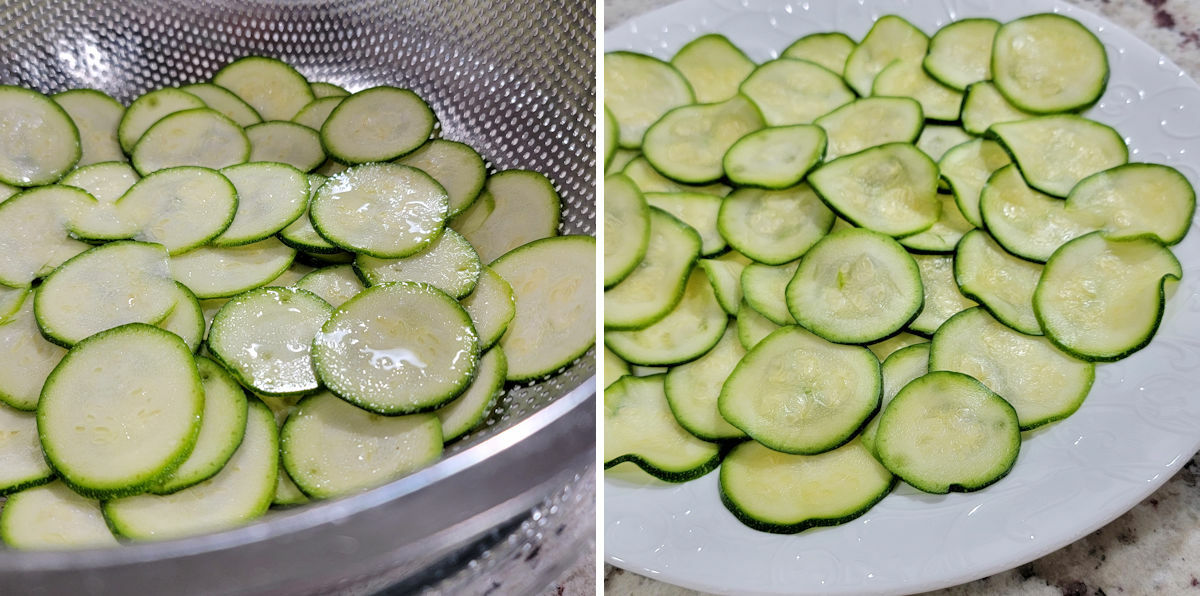 Salting and draining zucchini slices before frying.