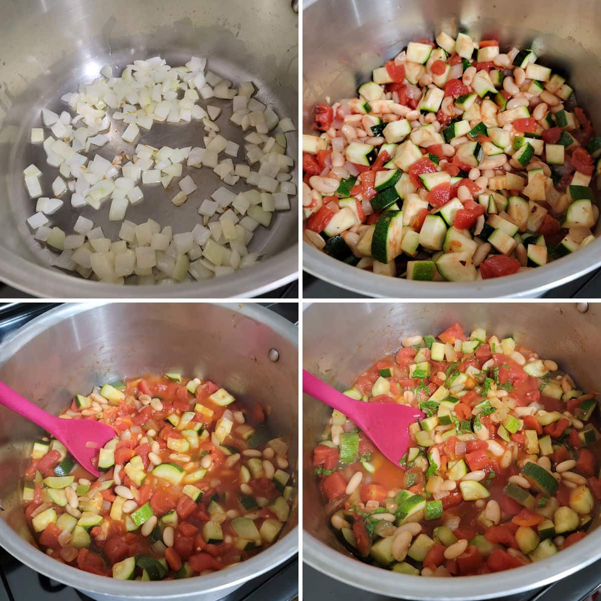 Making zucchini stew in a stock pot.