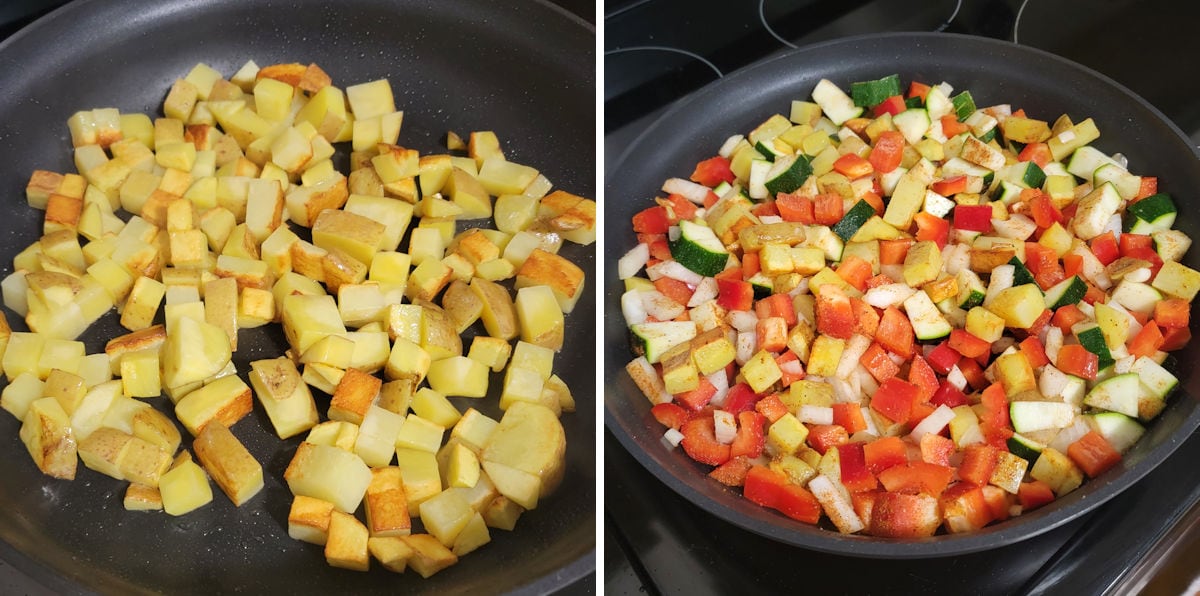Making vegan breakfast hash in a nonstick skillet on the stovetop.