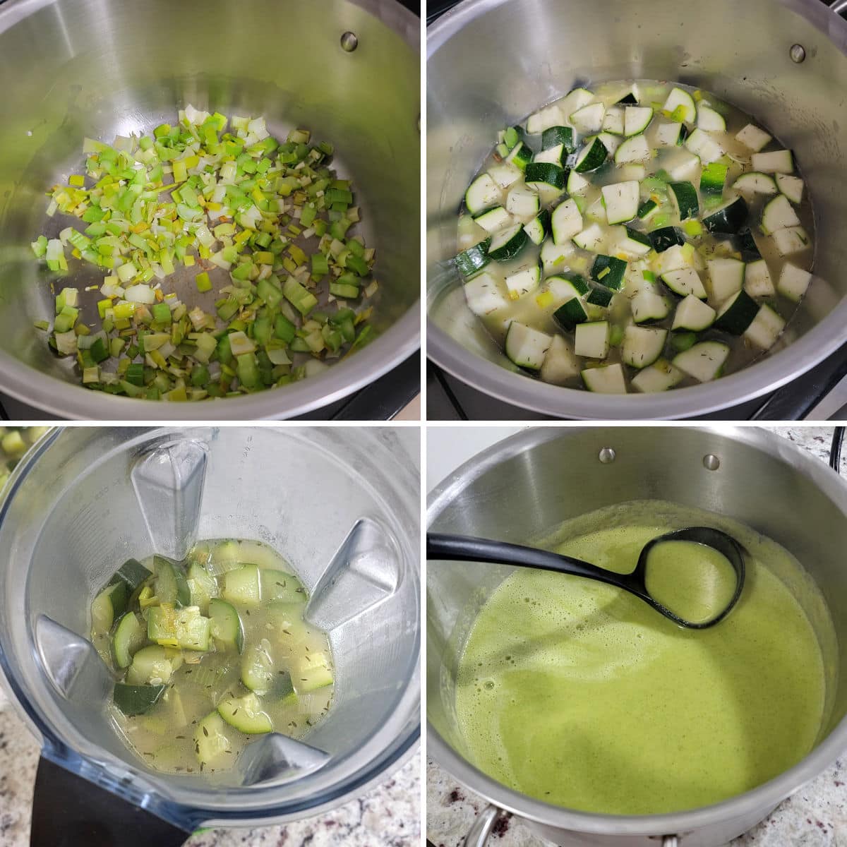 Making zucchini leek soup on the stovetop.