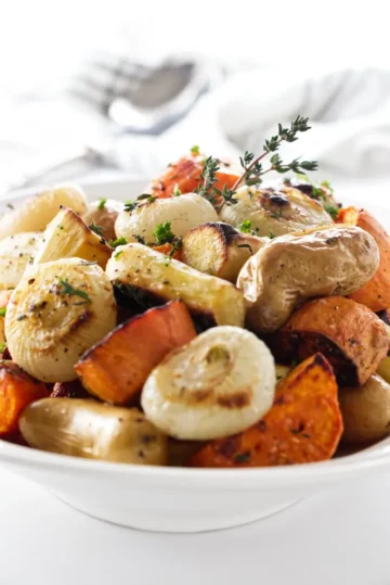 A bowl of roasted vegetables.