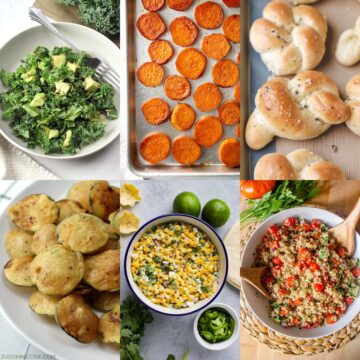 Decorative collage of side dishes to serve with zucchini boats.