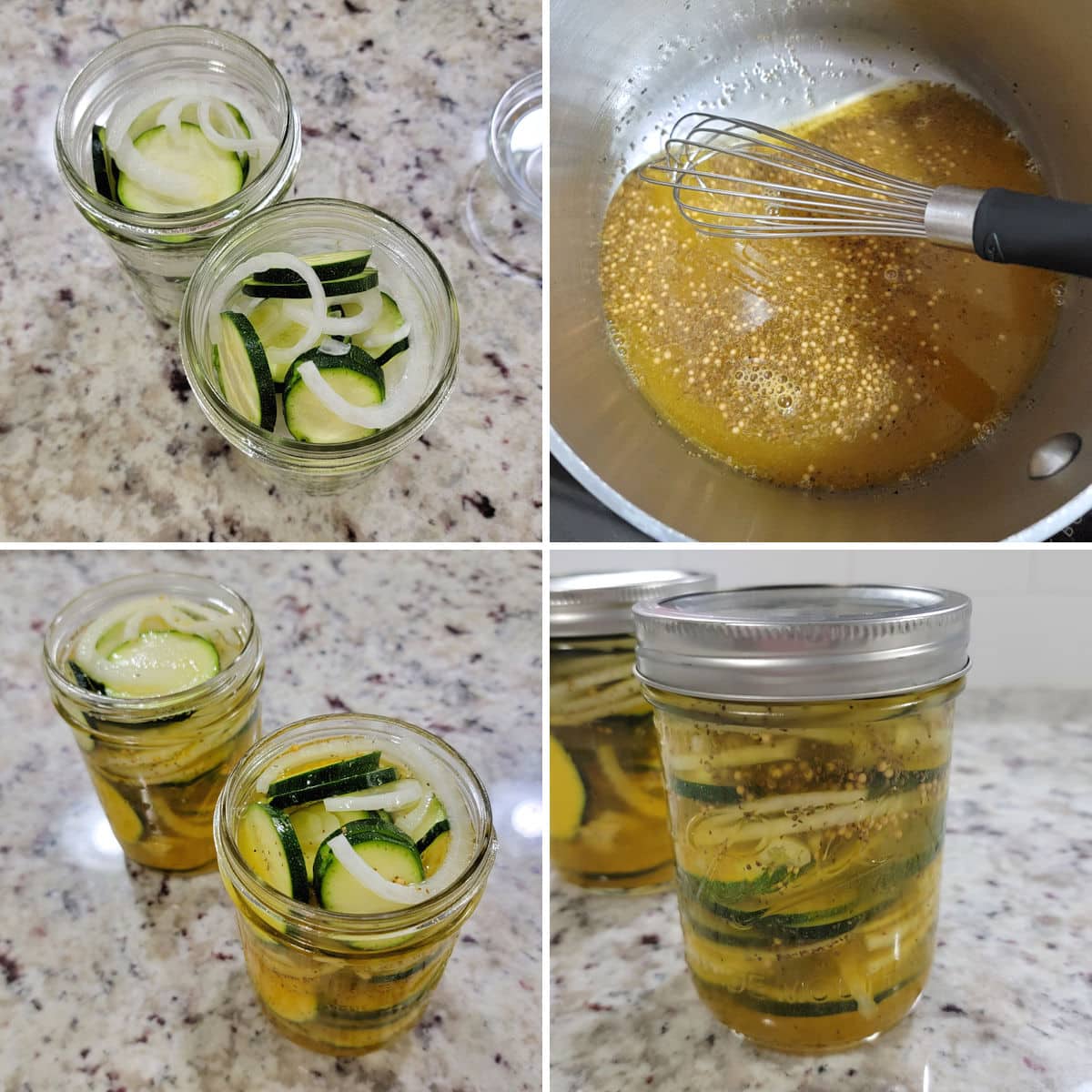 Making bread and butter zucchini pickles in glass mason jars.
