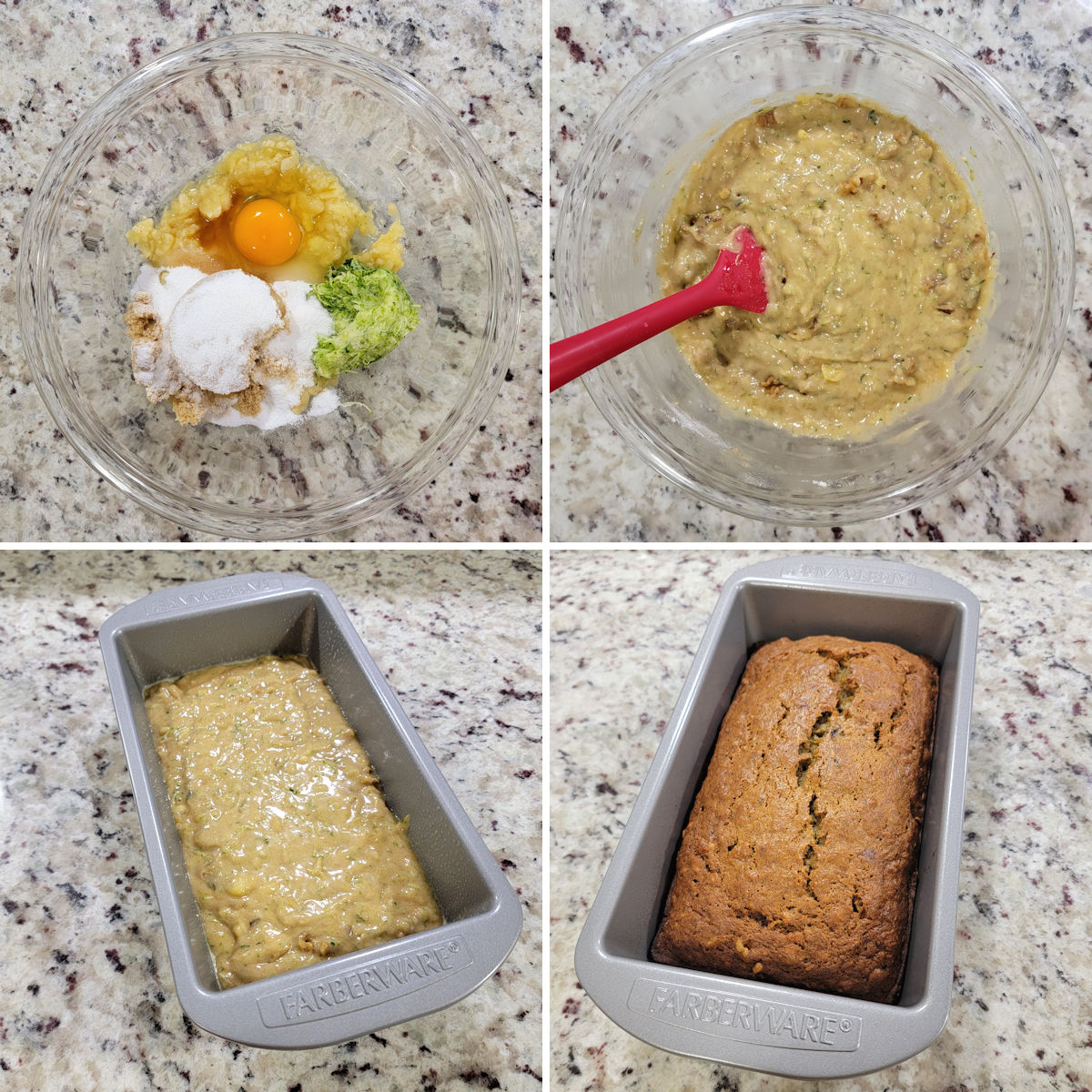 Mixing banana zucchini bread batter, pouring into a loaf pan, and baking.