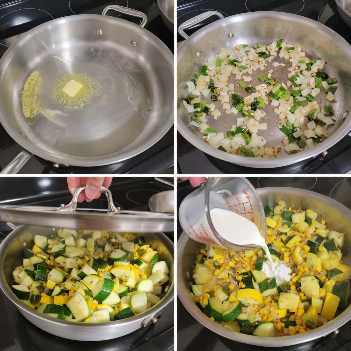 Making calabacitas in a sauté pan on the stovetop.