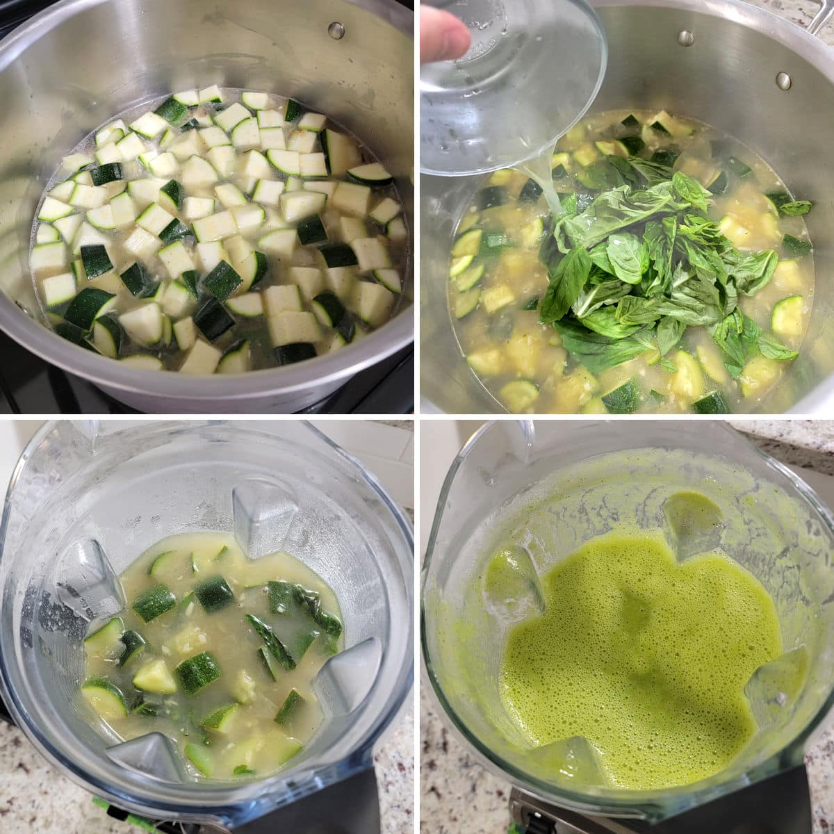 Cooking zucchini basil soup in a stock pot and blending until smooth.