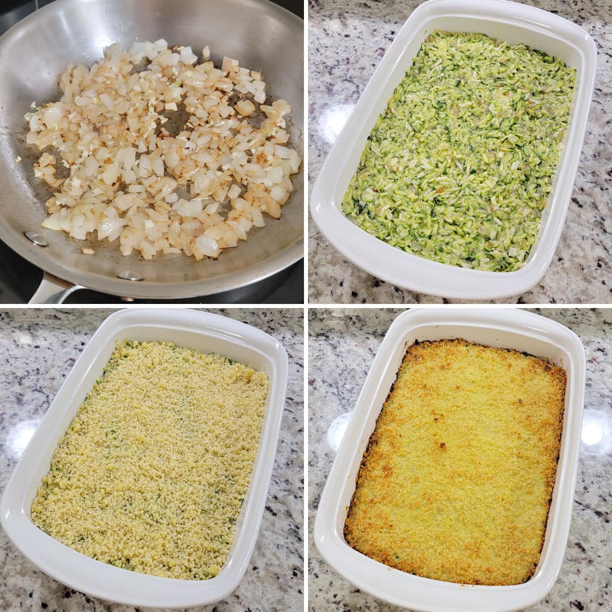 Making zucchini bake in a white casserole dish.