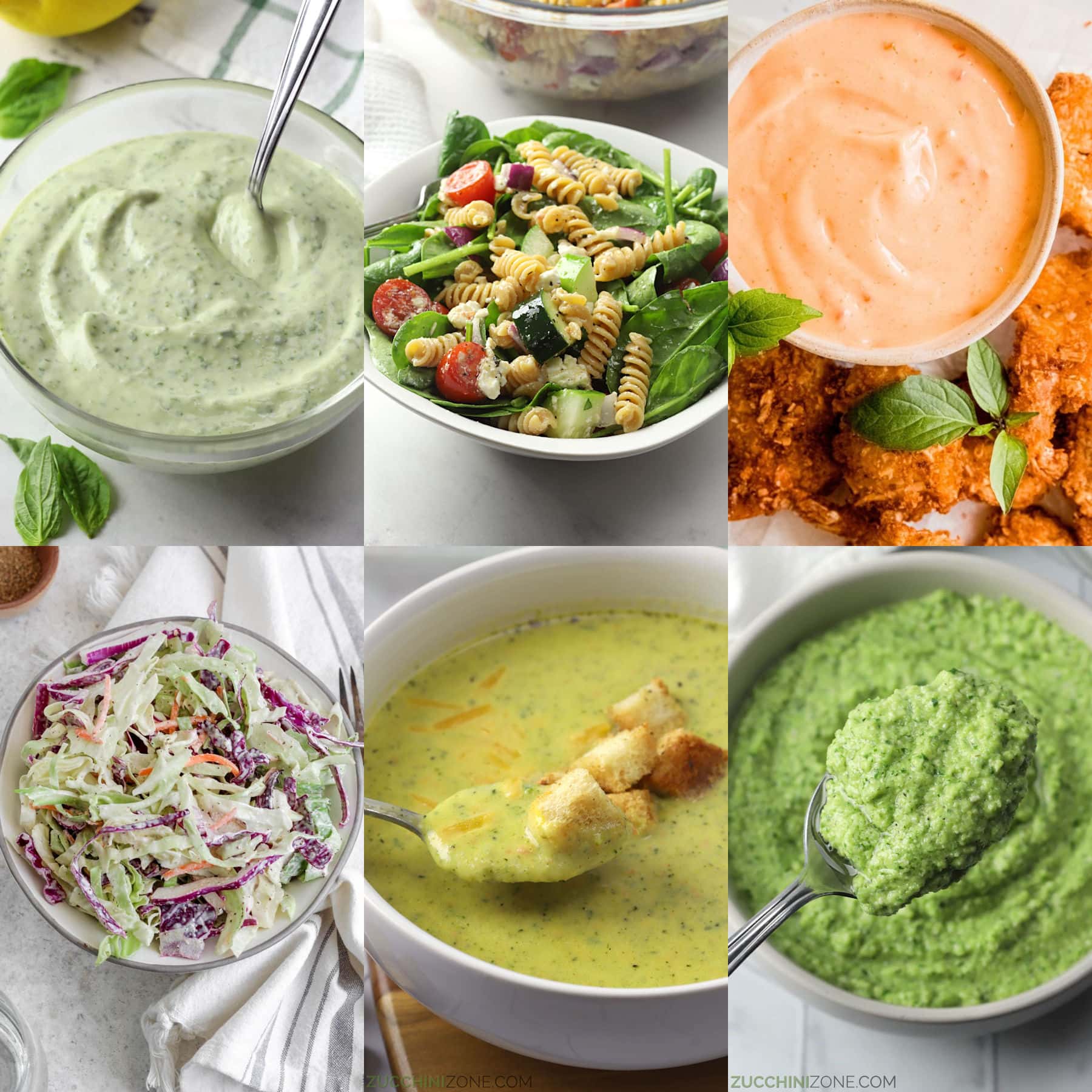 A collage of soups, salads, and sauces to serve with zucchini fritters. 