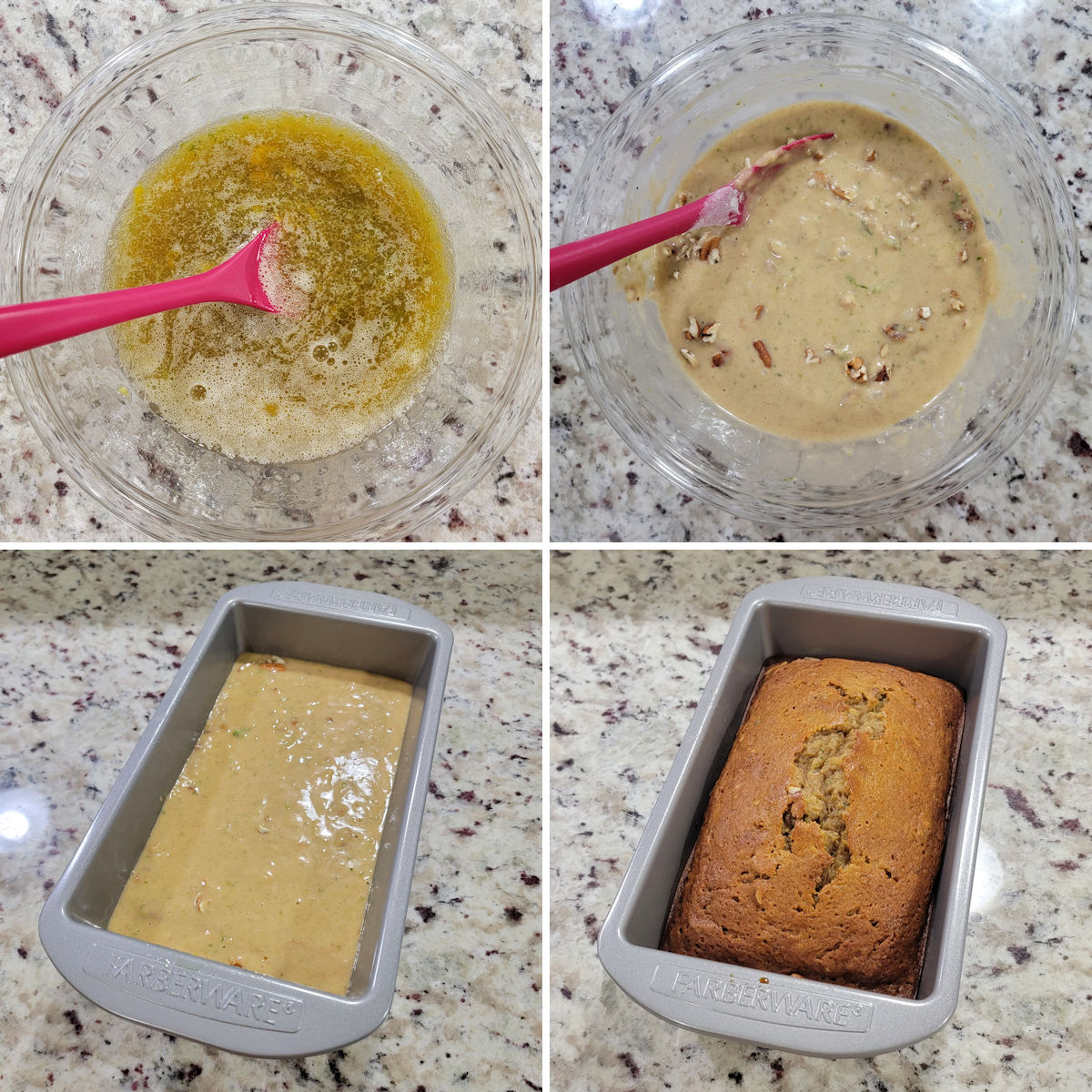 Making maple pecan zucchini bread in a loaf pan.