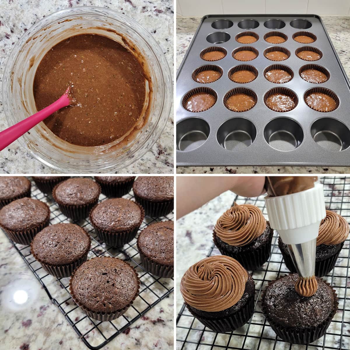 Making chocolate zucchini cupcakes and frosting.