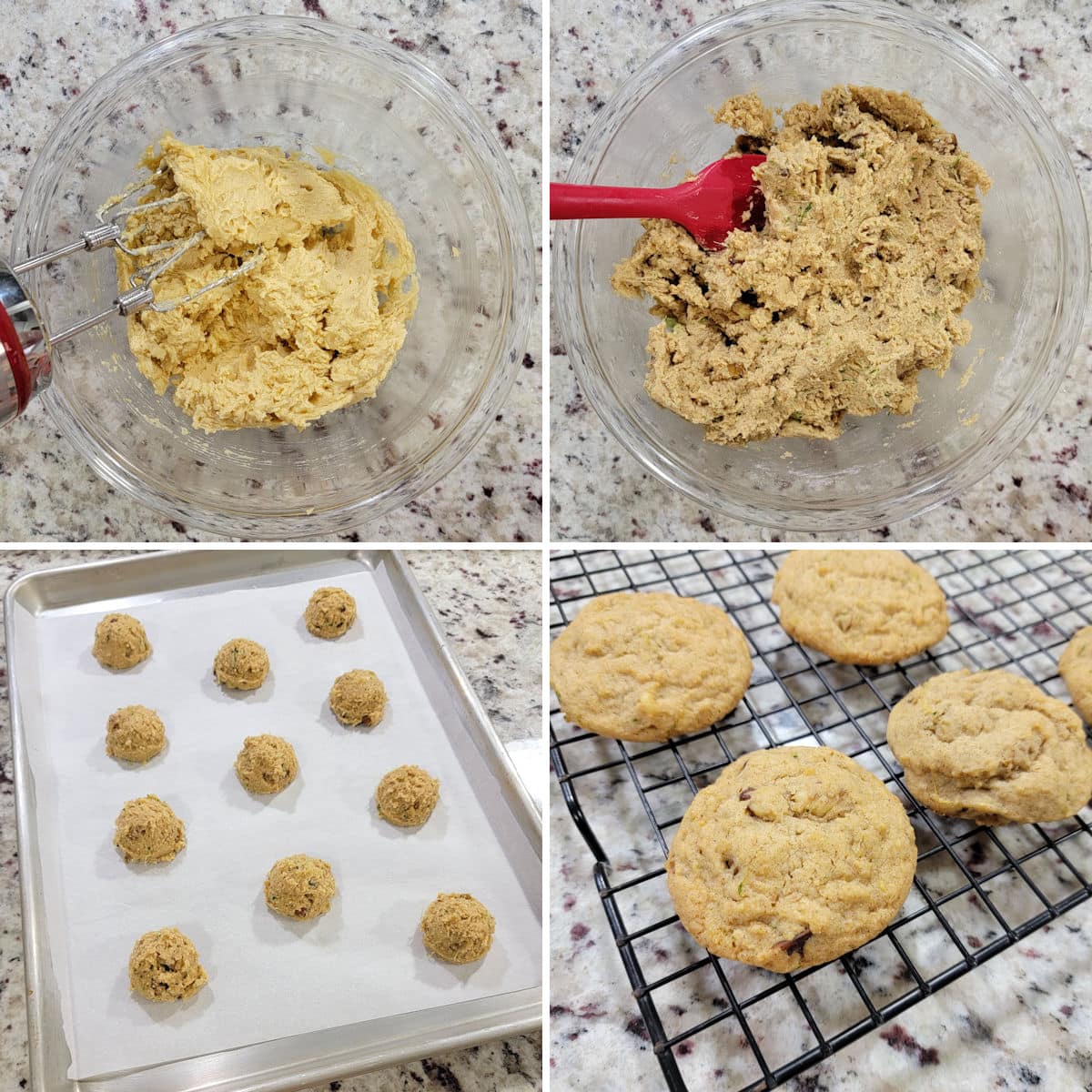 Making zucchini cookie dough in a glass bowl and baking on a sheet pan.