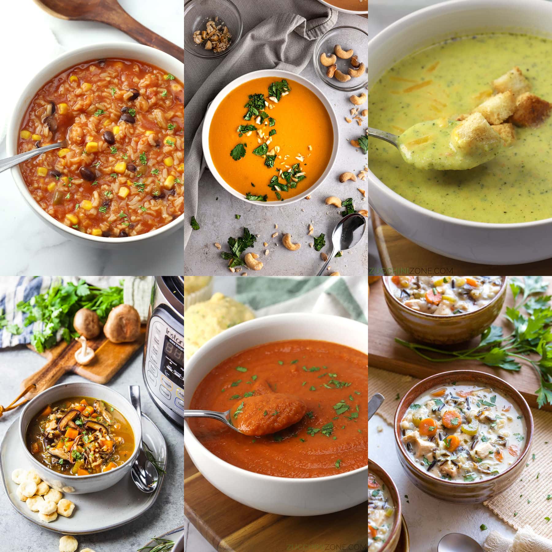 A decorative collage of soup recipes.