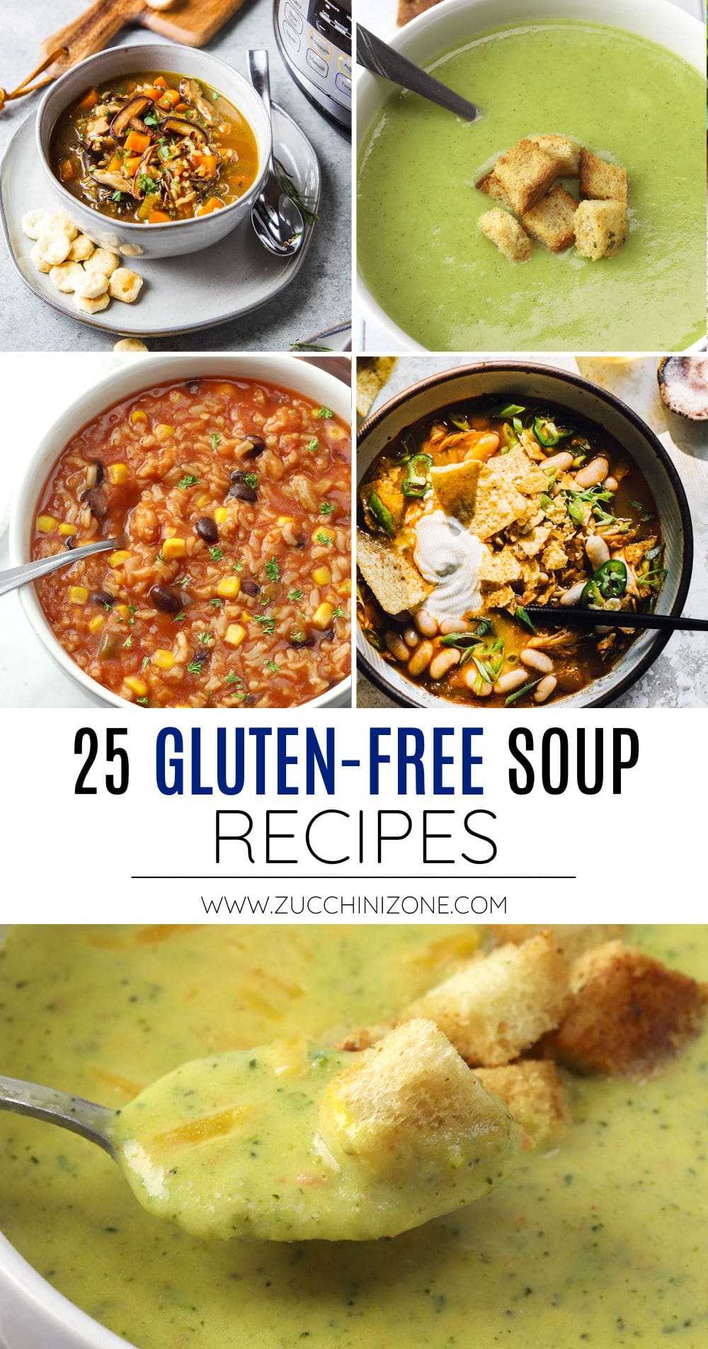 An assortment of vibrant gluten-free soup recipes featuring vegetables, legumes, and fresh herbs
