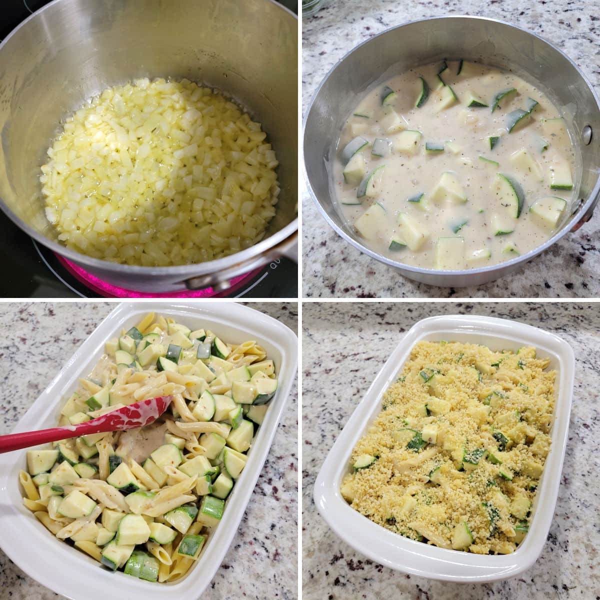 Baking baked zucchini pasta in a 9x13 pan.