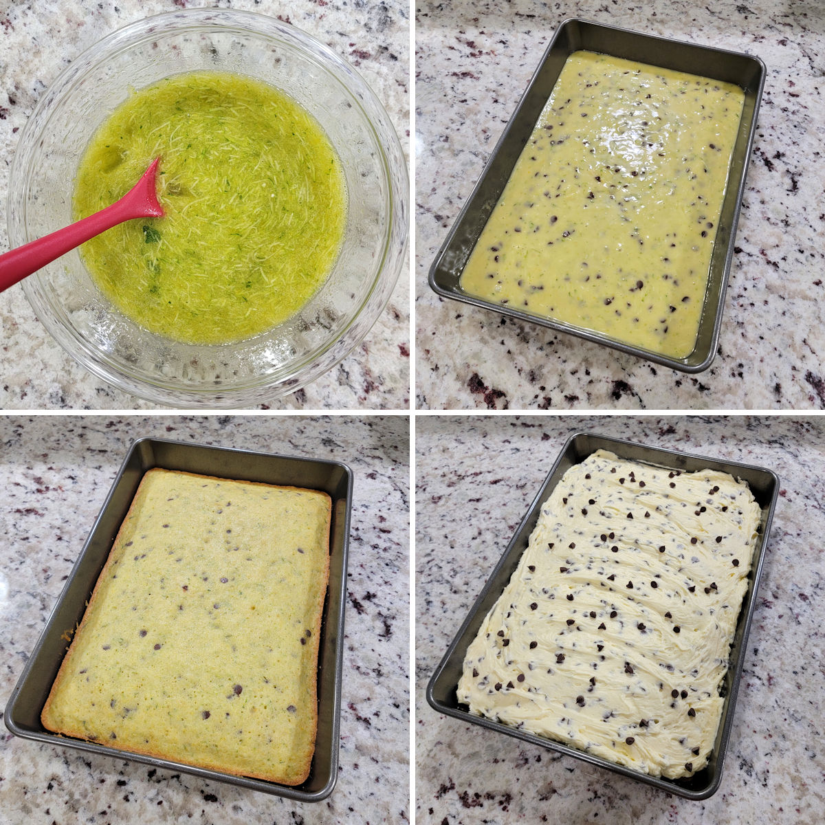 Making chocolate chip zucchini cake.