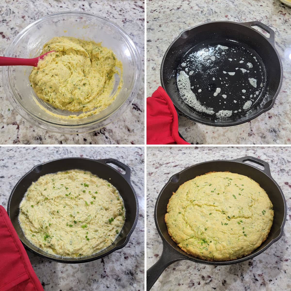 Making zucchini cornbread in a cast iron skillet.