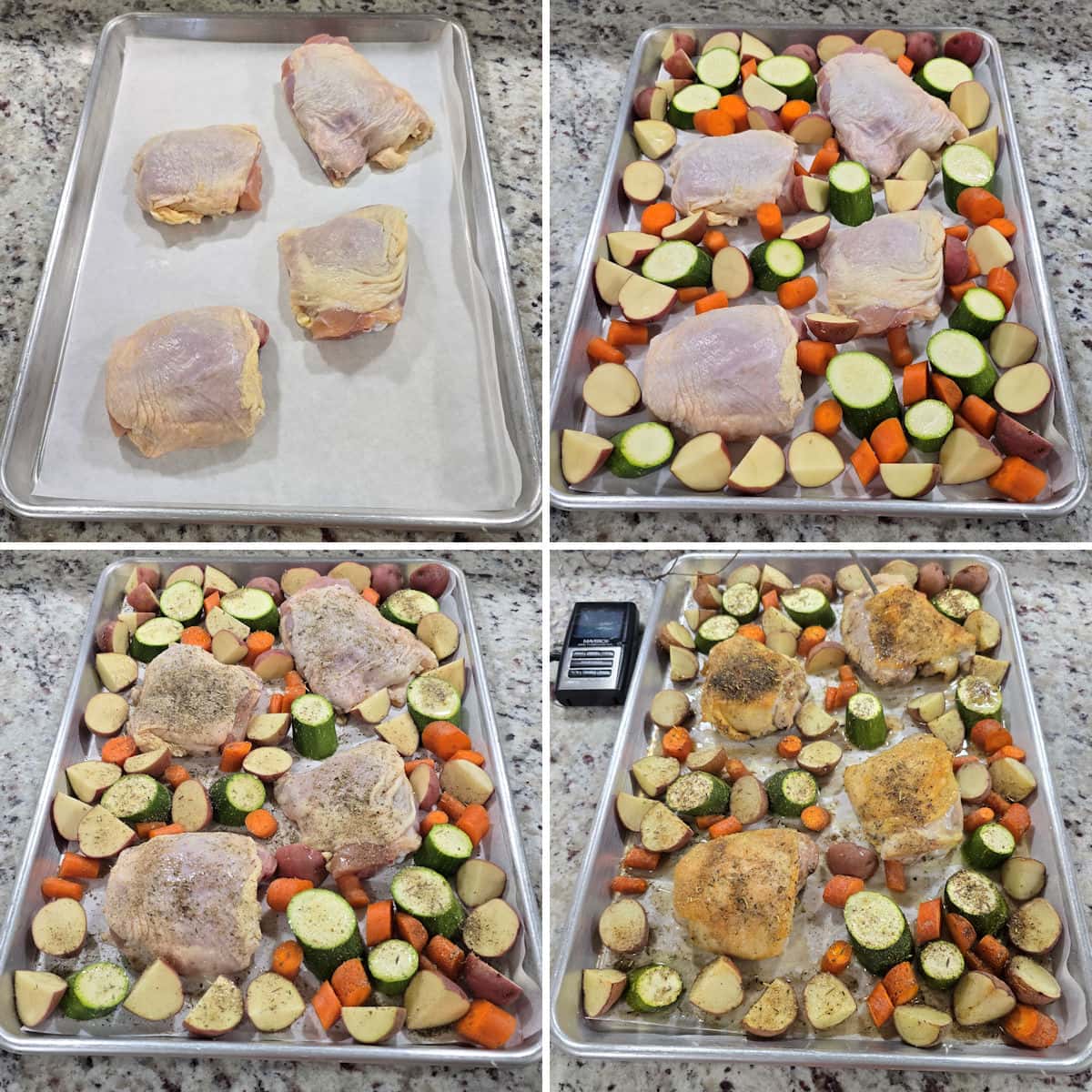 Making chicken thighs and vegetables on a sheet pan.