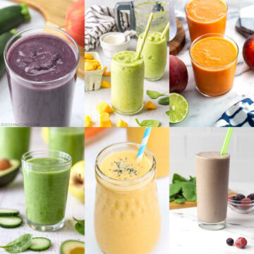 A decorative collage of vegetable smoothie recipes.