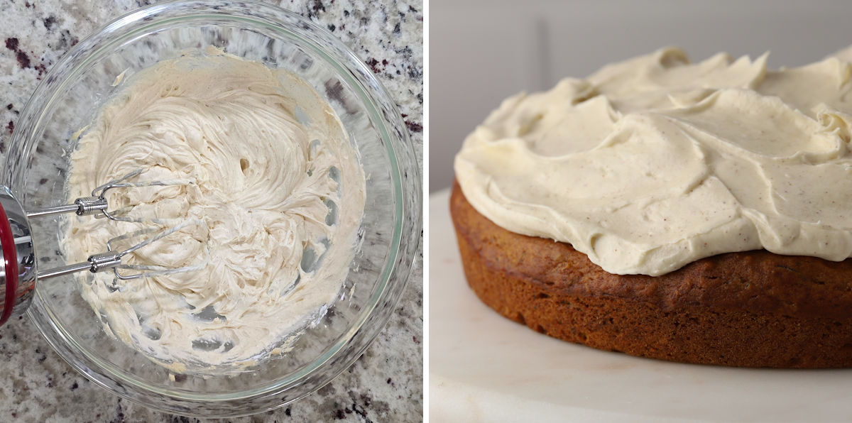 Frosting pumpkin zucchini cake.