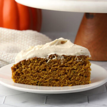 A slice of frosted cake on a small plate.