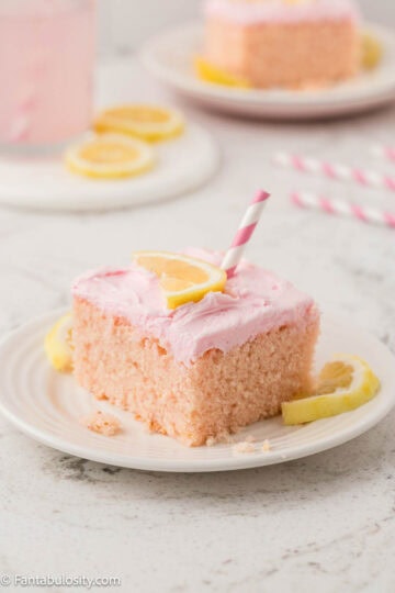 A slice of sheet cake with lemon garnish.